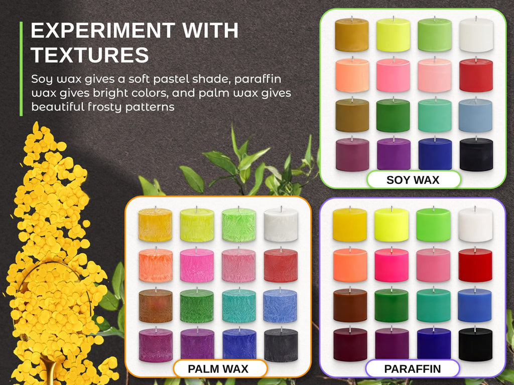 Assortment of colorful candle wax dye chips and finished candles for soy, palm, and paraffin wax.
