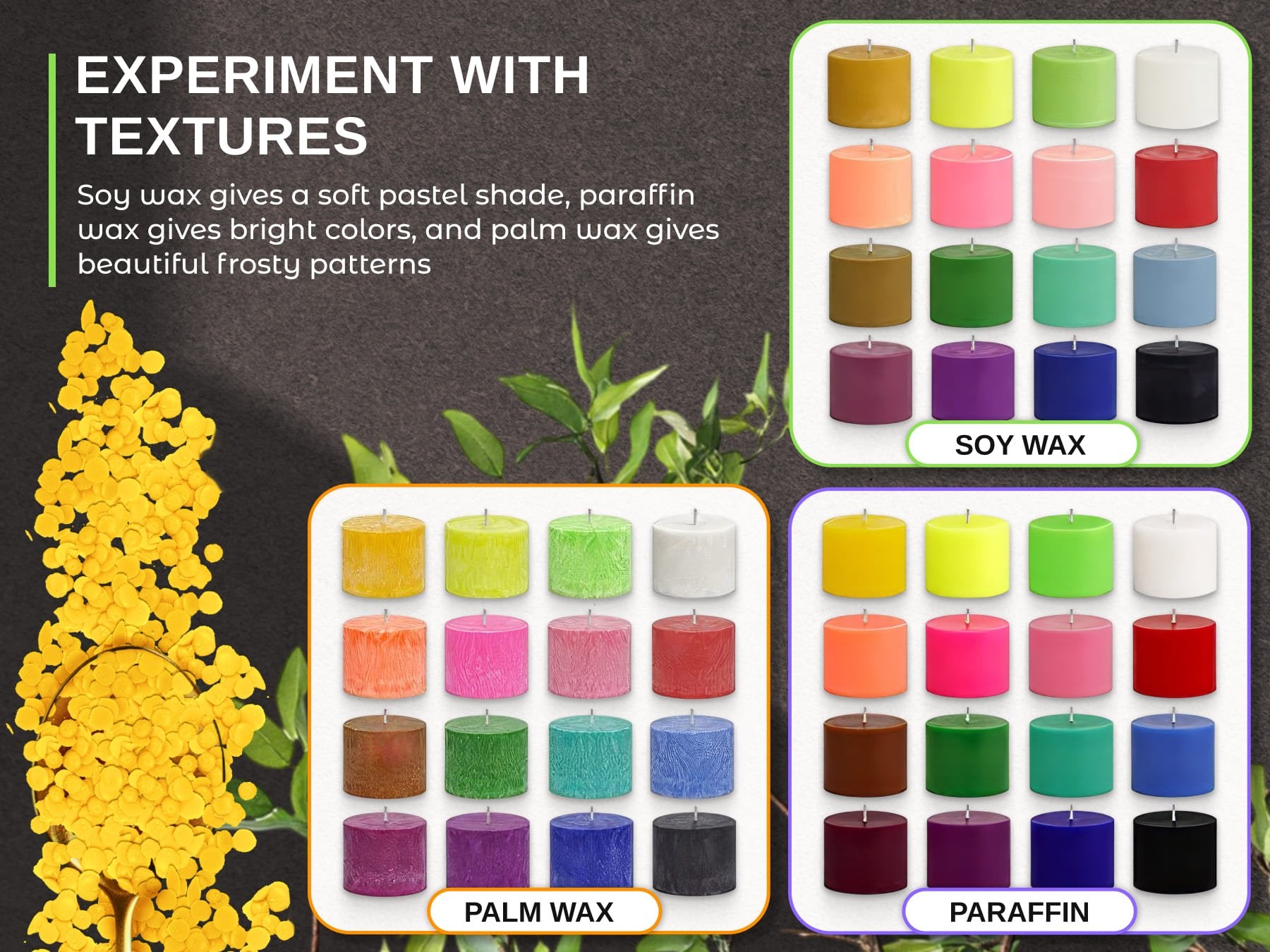 Assortment of colorful candle wax dye chips and finished candles for soy, palm, and paraffin wax.