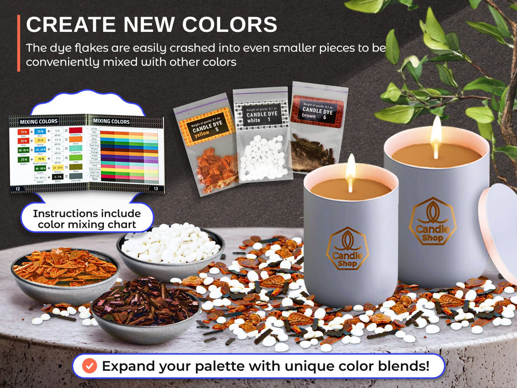 Candle dye chips in bowls and bags next to two lit candles, with a color mixing chart.