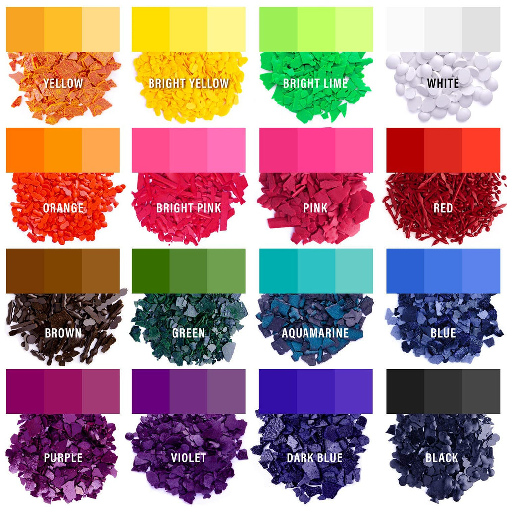 Collection of 16 different colors of wax dye chips for candle making, arranged in a grid with color swatches above each pile.