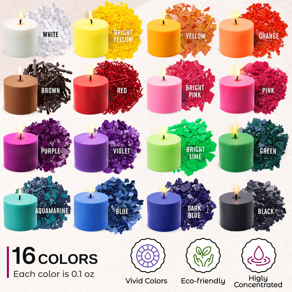 Collection of 16 colored candles with corresponding wax dye chips and labels, arranged in a grid.