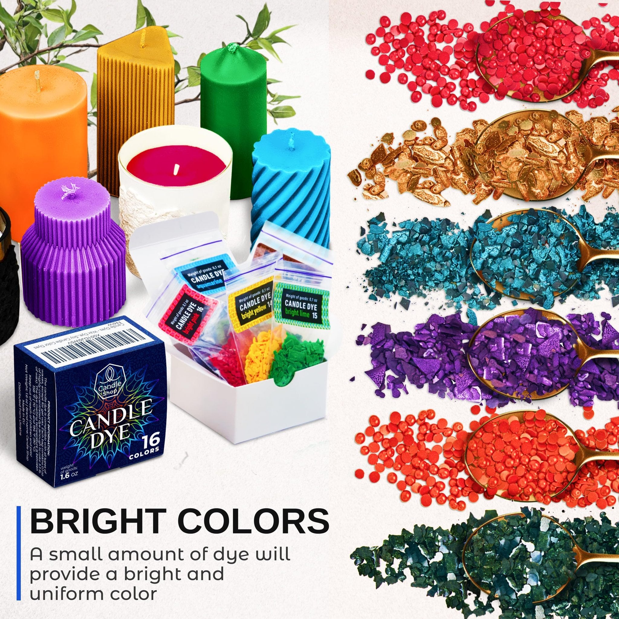 Assortment of colorful candle dye chips in spoons and small bags, alongside finished candles and a product box.