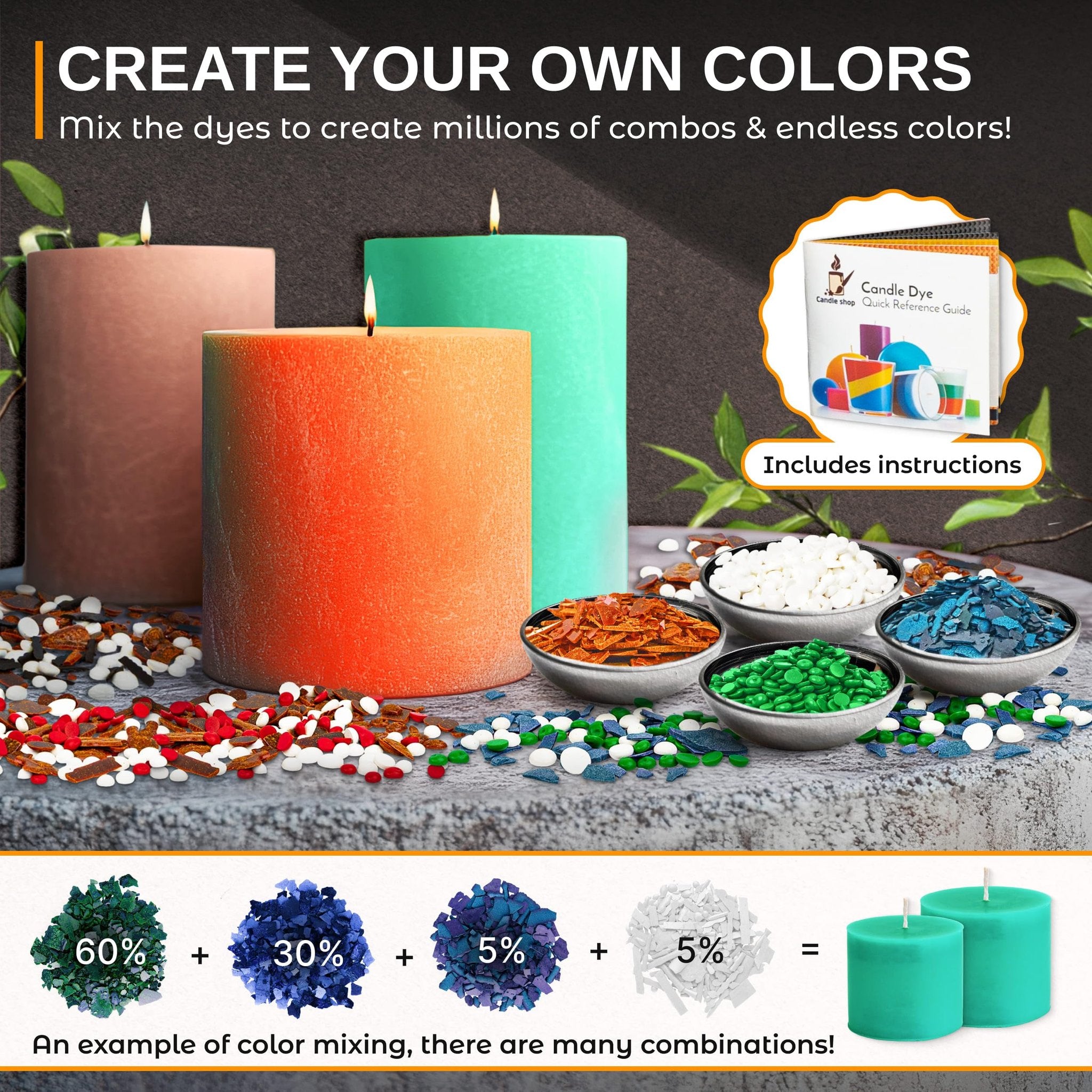 Candle making dye chips in bowls with finished candles and color mixing example.