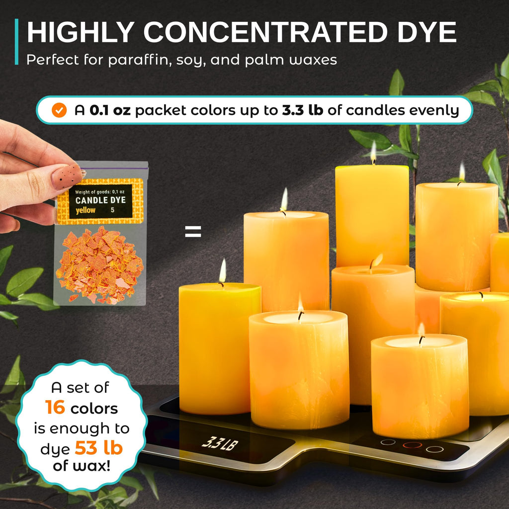 Yellow candle dye chips in a packet next to lit yellow pillar candles on a scale showing 3.3 LB