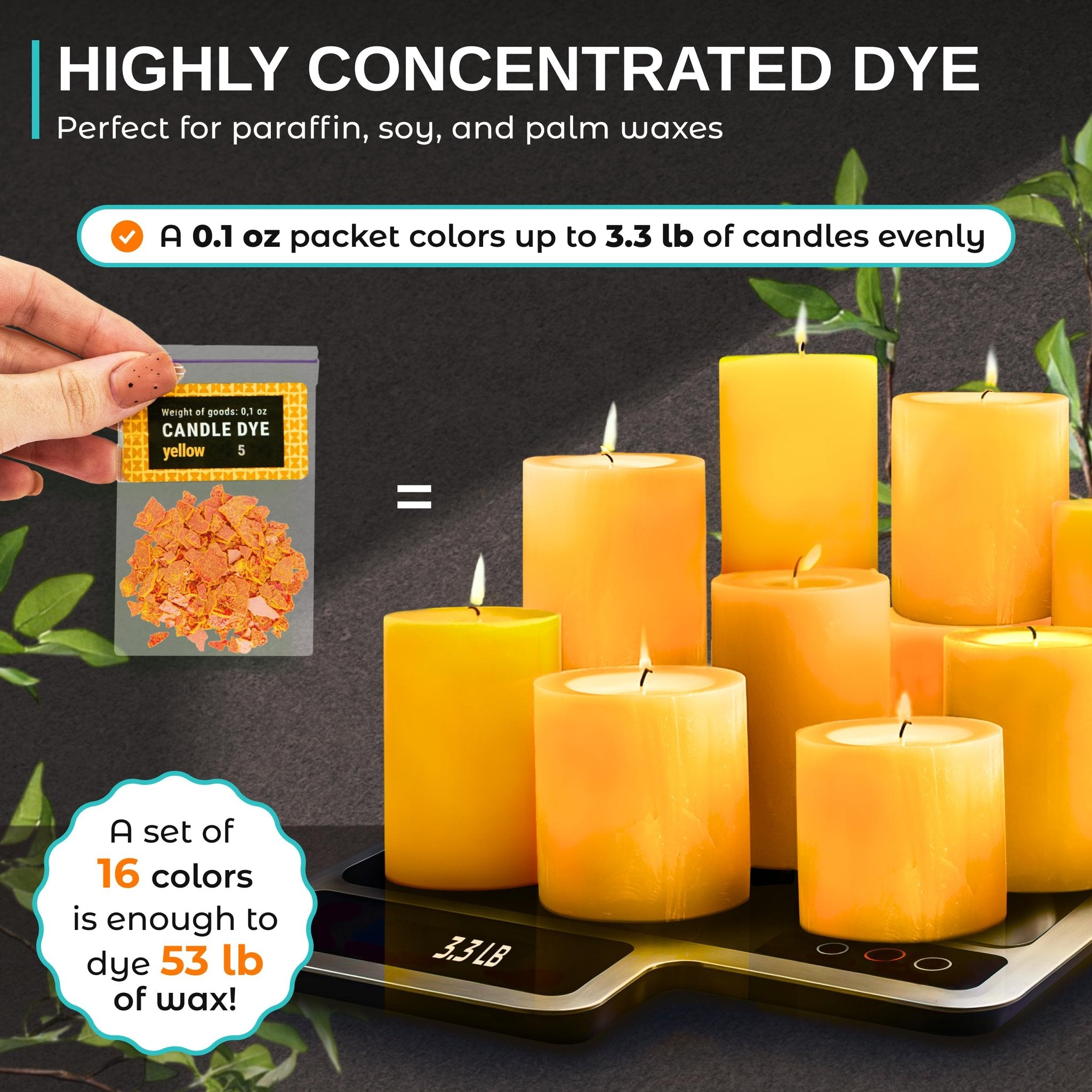 Yellow candle dye chips in a packet next to lit yellow pillar candles on a scale showing 3.3 LB