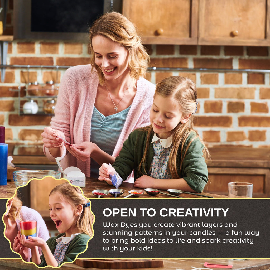 Mother and daughter making layered candles with colorful wax dyes in a kitchen setting.