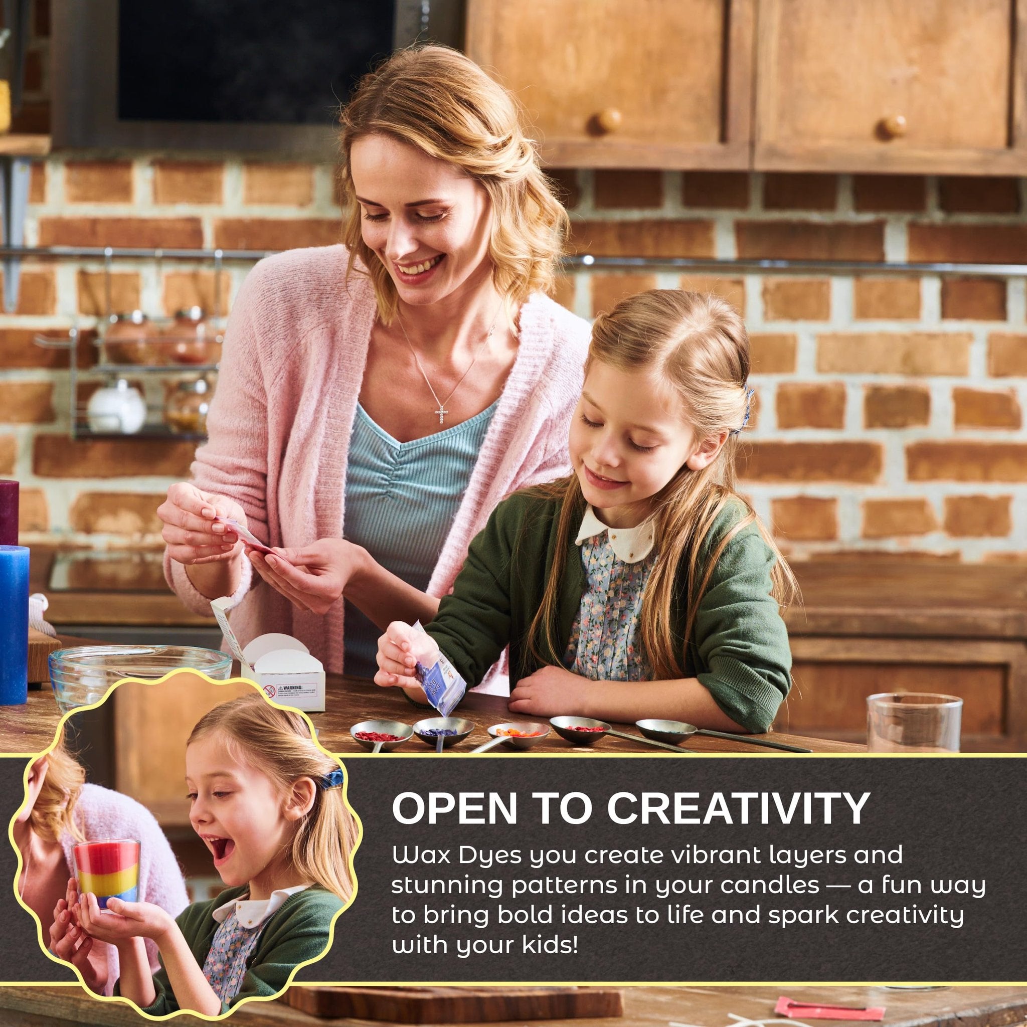 Mother and daughter making layered candles with colorful wax dyes in a kitchen setting.