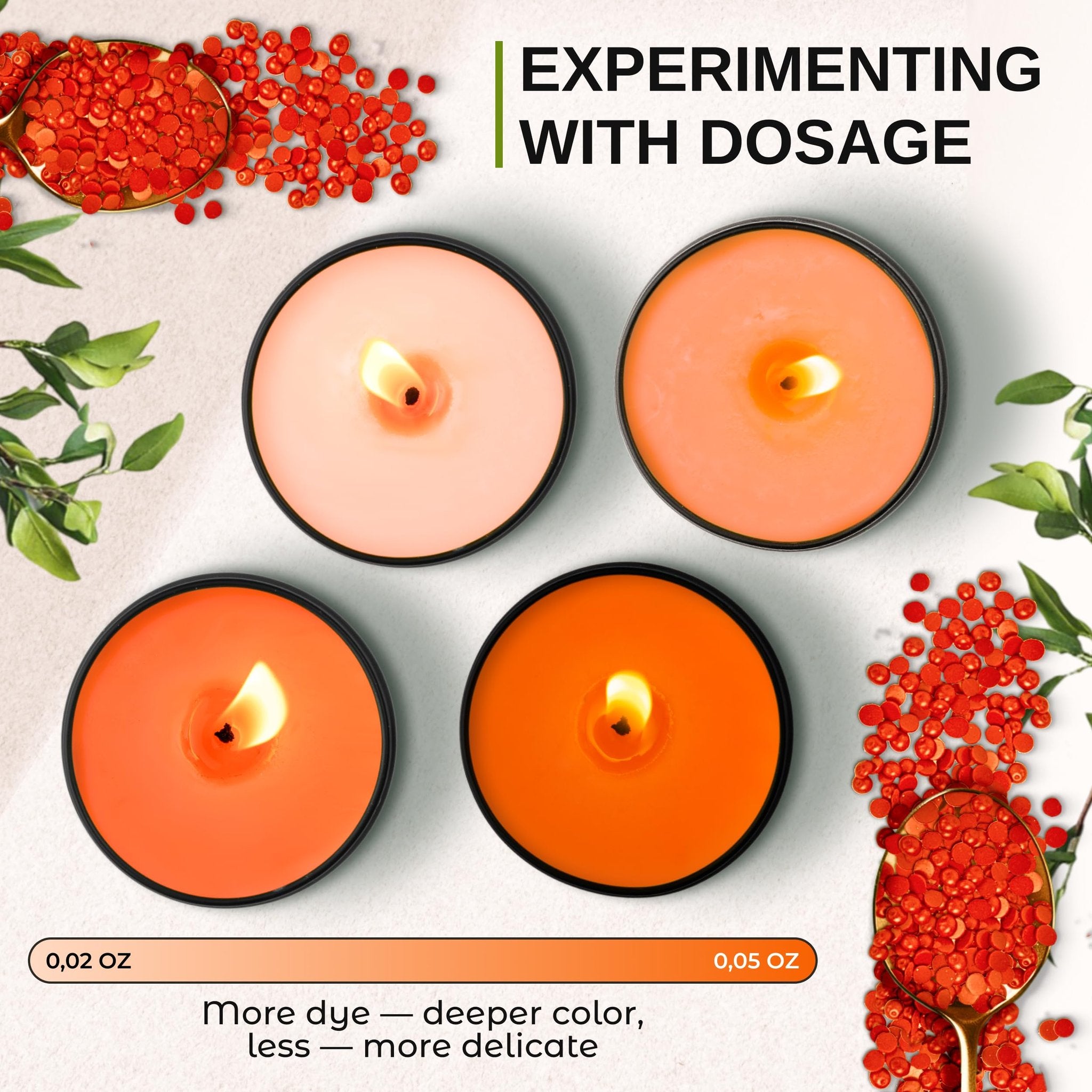 Four lit candles showing color variation from dye chips, with spoons of dye chips and dosage information.
