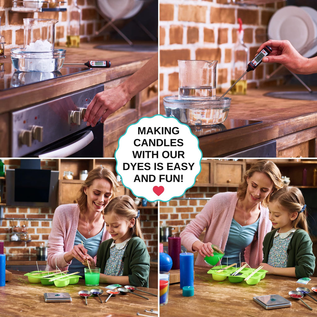 Mother and daughter making candles, showing wax melting and pouring into molds.
