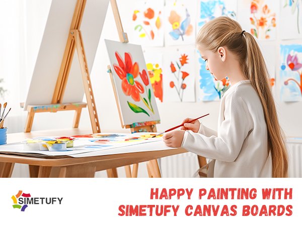 Young girl painting on a canvas board at a table with art supplies and finished paintings on the wall.