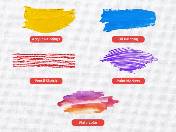 Various art media samples including acrylic, oil, pencil, markers, and watercolor on a textured white background.