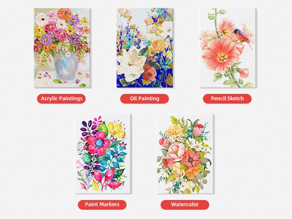 Five floral art pieces displayed with labels: Acrylic Paintings, Oil Painting, Pencil Sketch, Paint Markers, Watercolor.