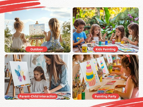 Collage of four scenes showing children and adults painting outdoors, indoors, and at a party.