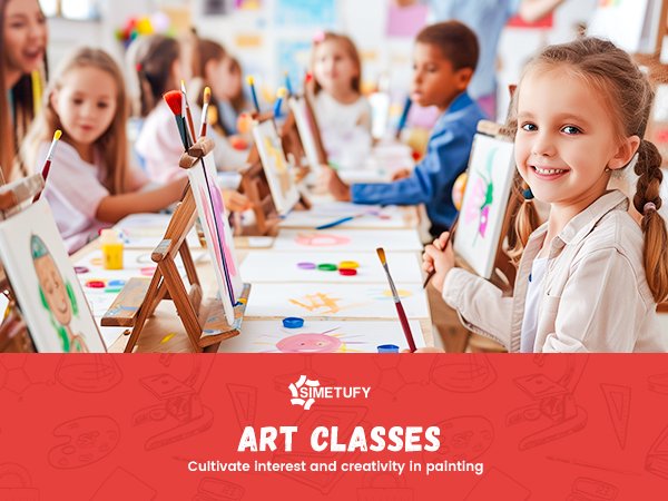 Children painting at easels in an art class, with a smiling girl in the foreground.