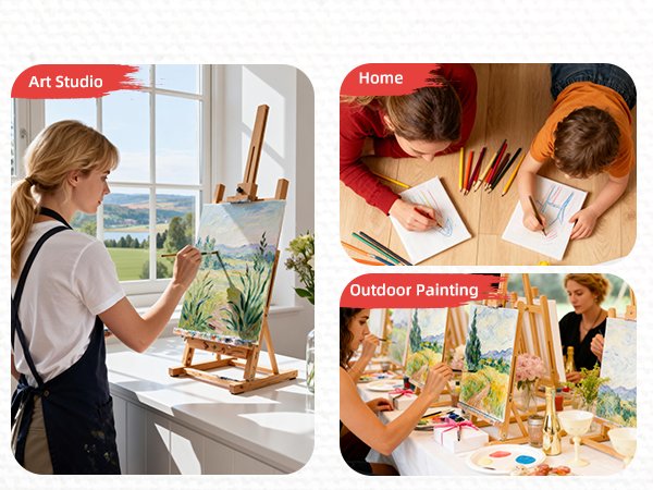 Collage of people painting and drawing: woman painting at easel, children drawing at home, group painting outdoors.