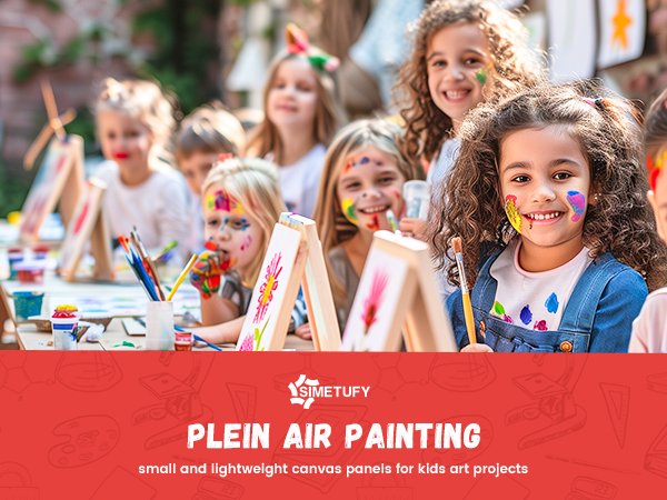 Children with painted faces enjoying plein air painting class with canvases and art supplies