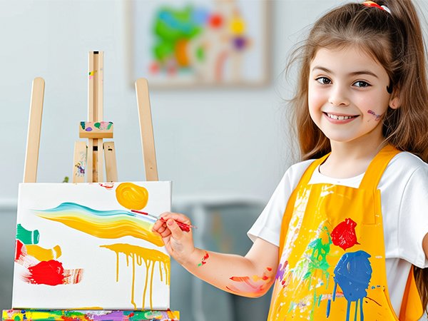 Smiling young girl in a yellow apron painting on a canvas on an easel, with paint splatters on her face and arms.