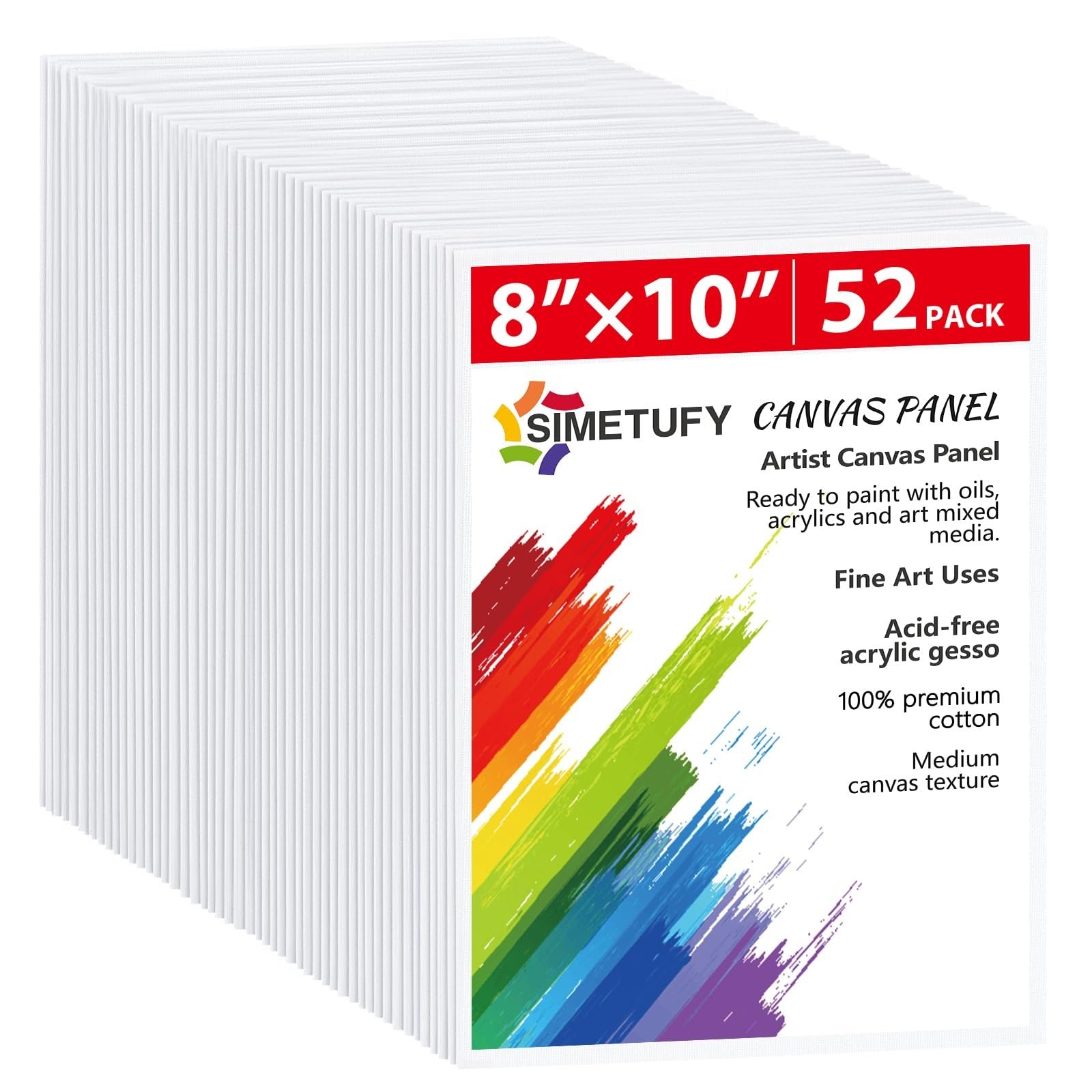 Stack of 52 blank 8x10 inch canvas panels with colorful paint strokes and product details.