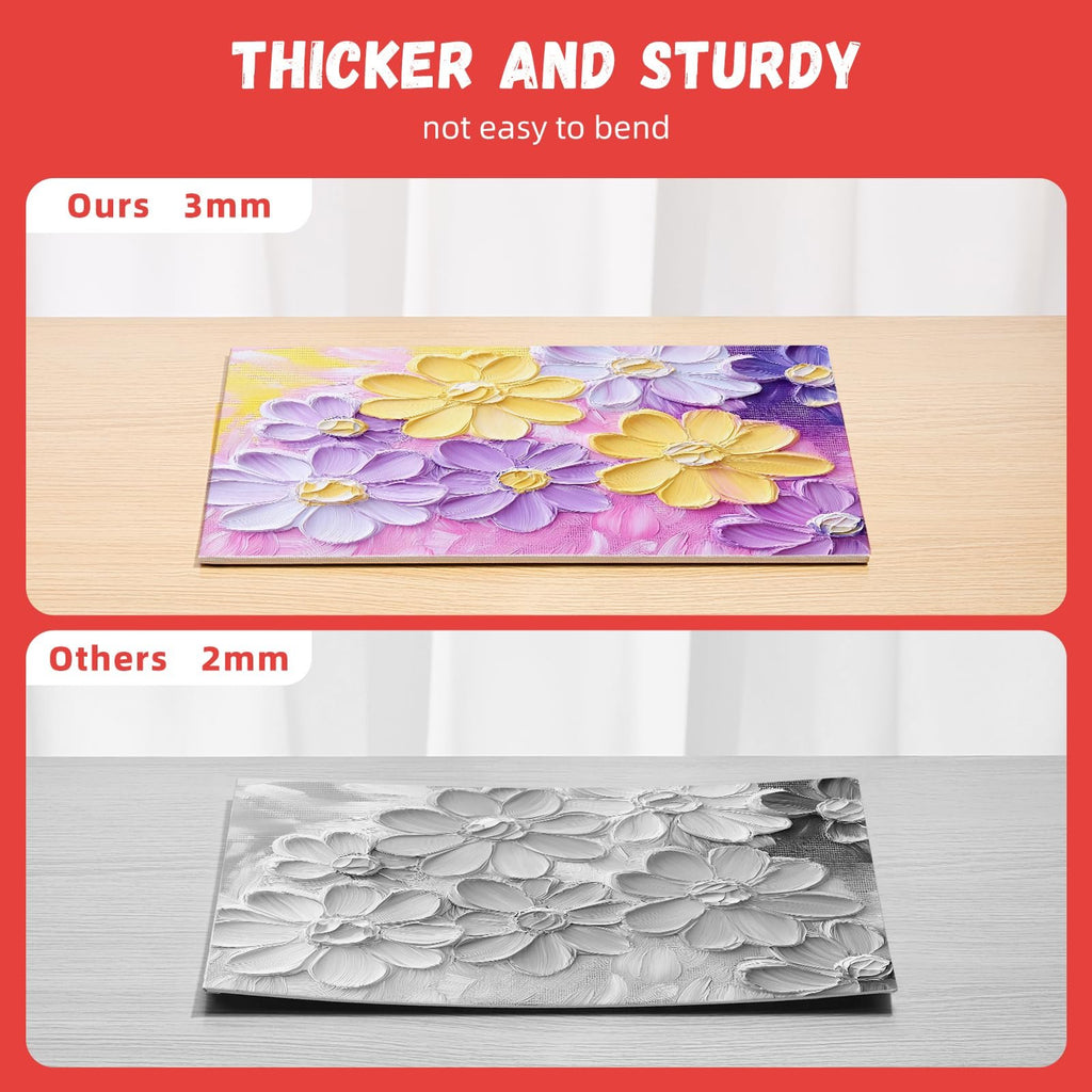 Comparison of two canvas panels for painting, one 3mm thick with colorful flowers, the other 2mm thick with grayscale flowers.
