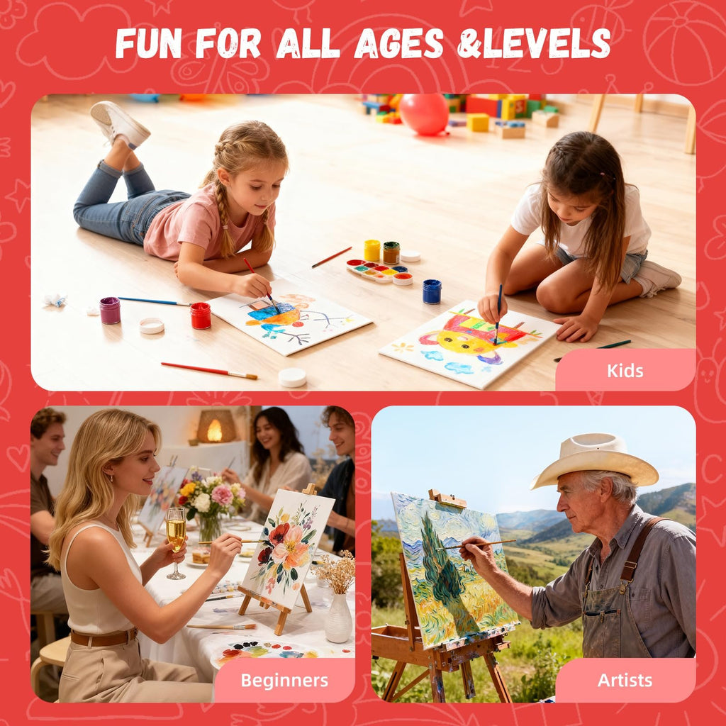Collage of people painting: children painting on floor, adults at a table, and an artist painting outdoors.