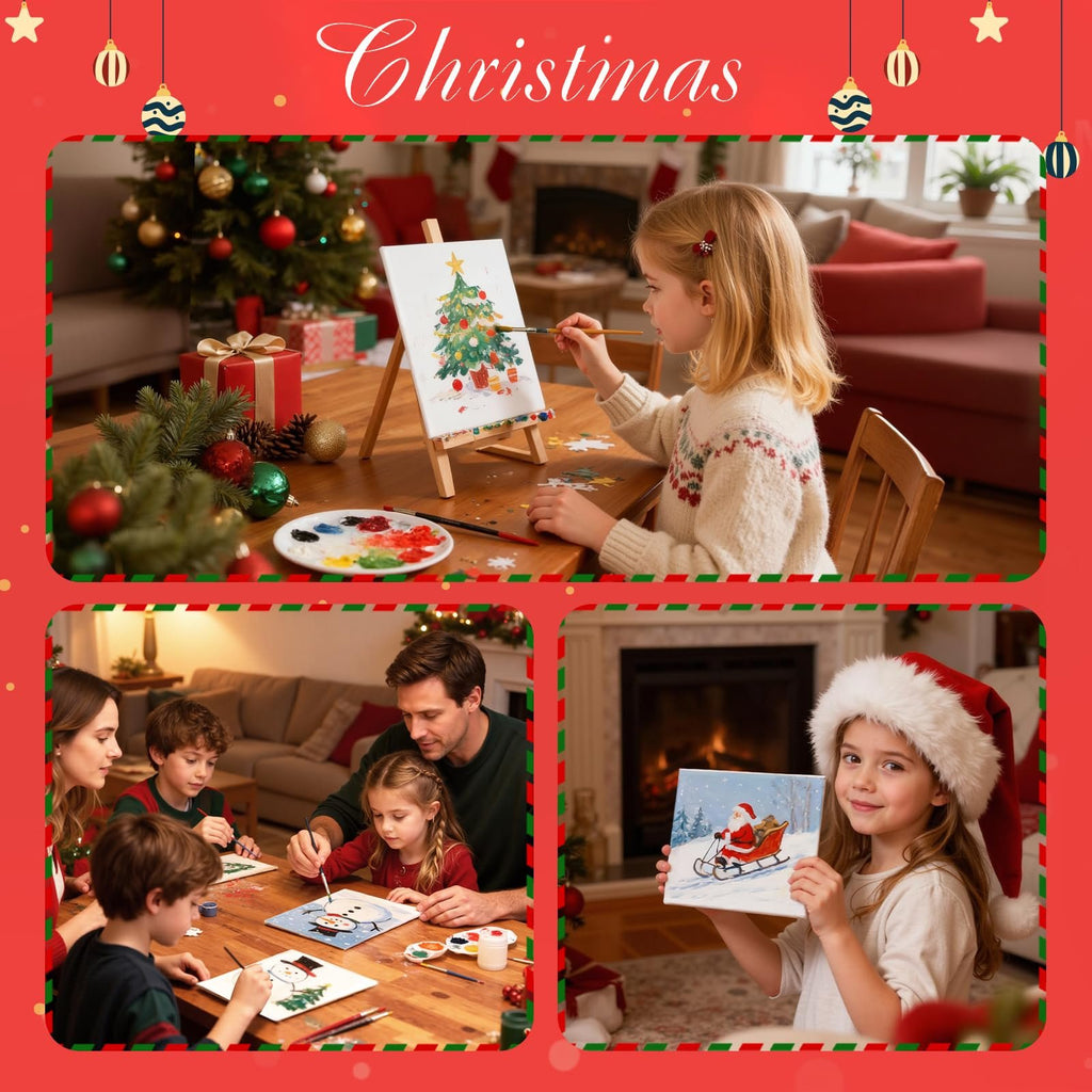 Collage of Christmas-themed painting activities: girl painting a tree, family painting snowmen, girl holding a Santa painting.