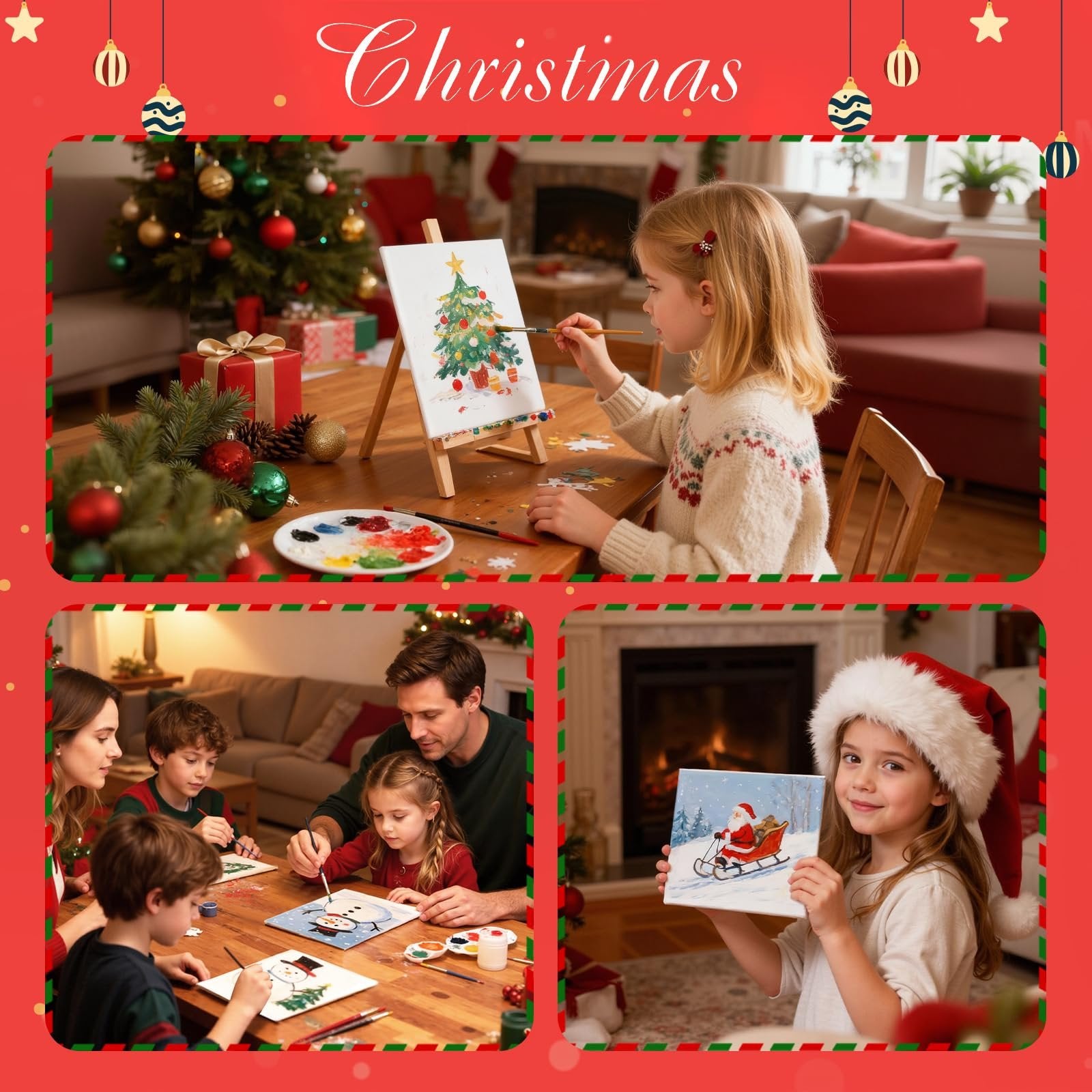Collage of Christmas-themed painting activities: girl painting a tree, family painting snowmen, girl holding a Santa painting.