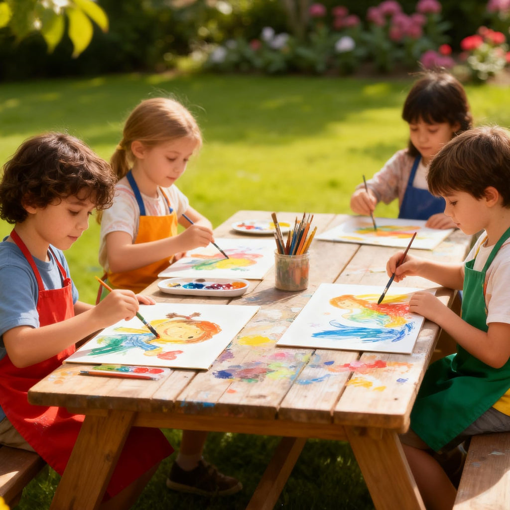 Four children painting pictures on canvas panels at a wooden picnic table outdoors.