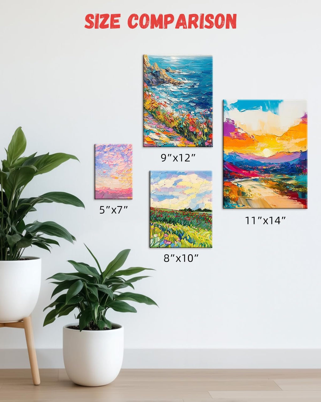 Four paintings displayed on a wall with size labels, showing a size comparison.