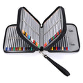 Open black pencil case filled with colored pencils, showing individual slots and a removable handle.