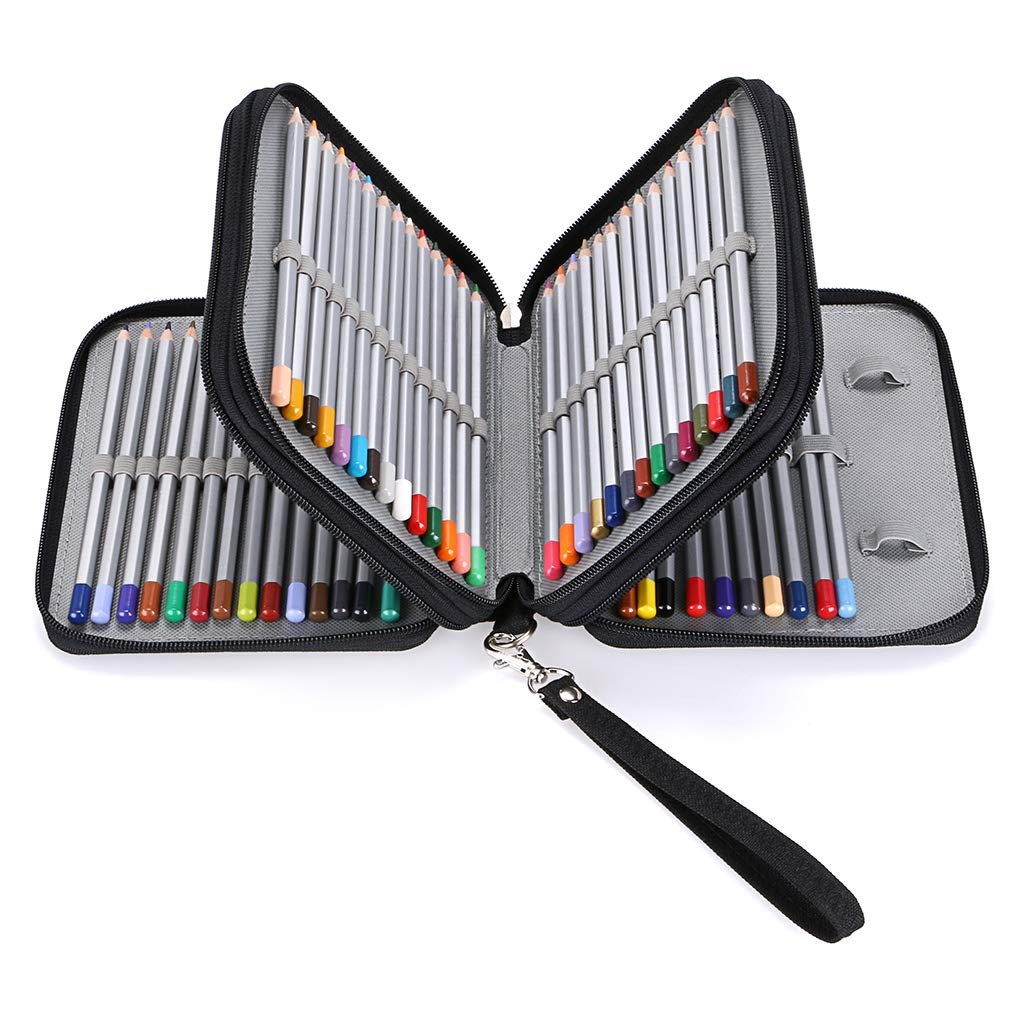 Open black pencil case filled with colored pencils, showing individual slots and a removable handle.