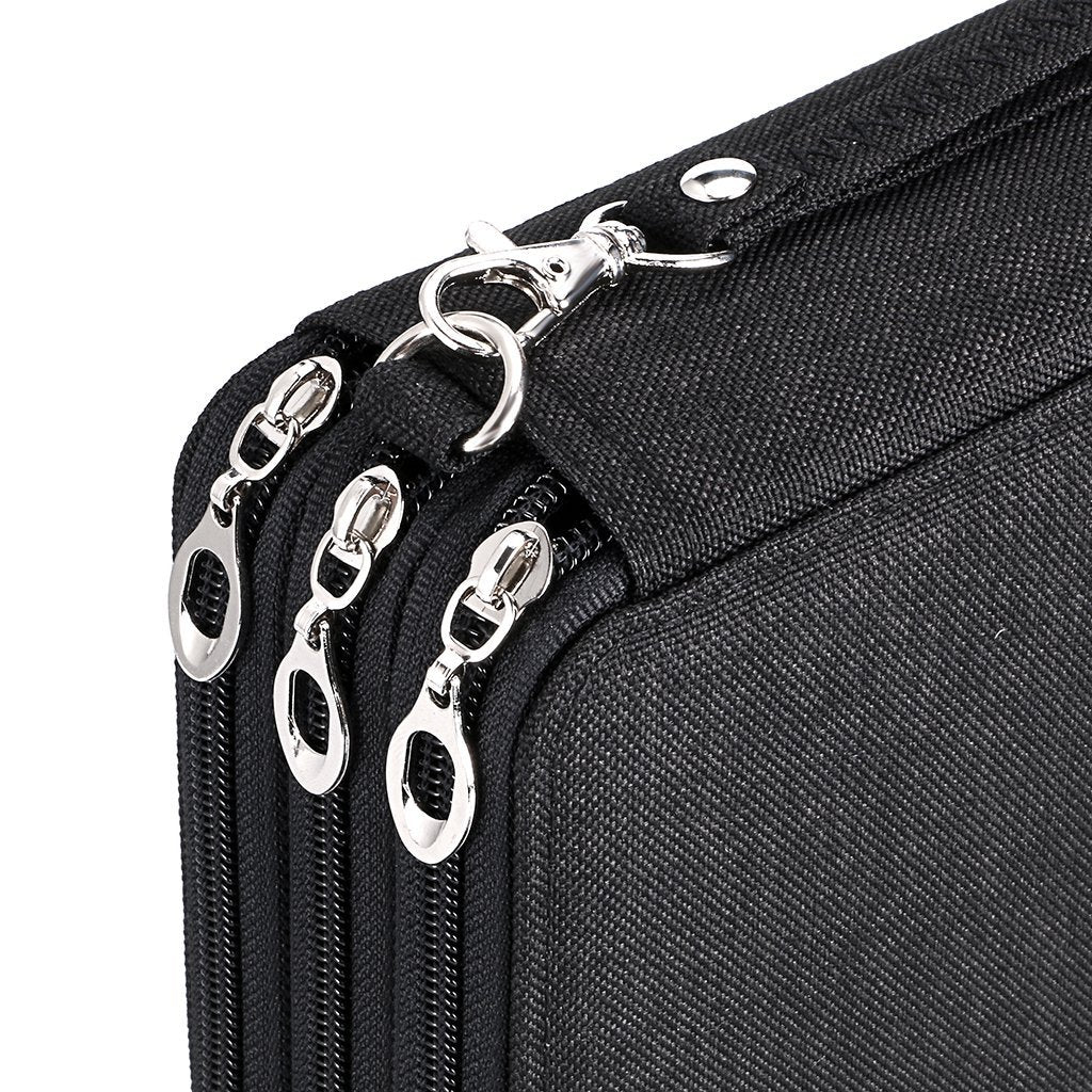Close-up of a black canvas zippered pencil case showing multiple zipper pulls and a metal clasp.