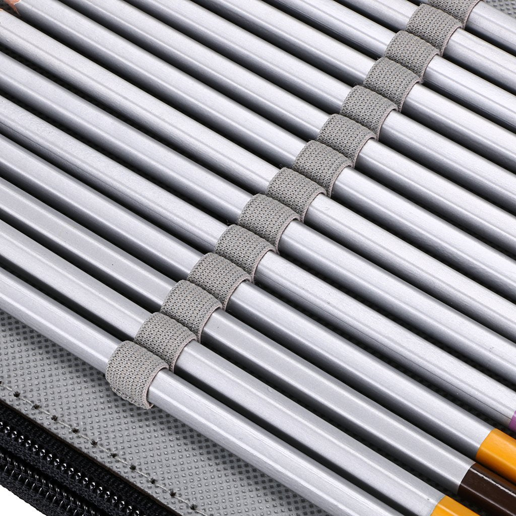 Close-up of a black zippered pencil case filled with silver pencils held by grey elastic bands.