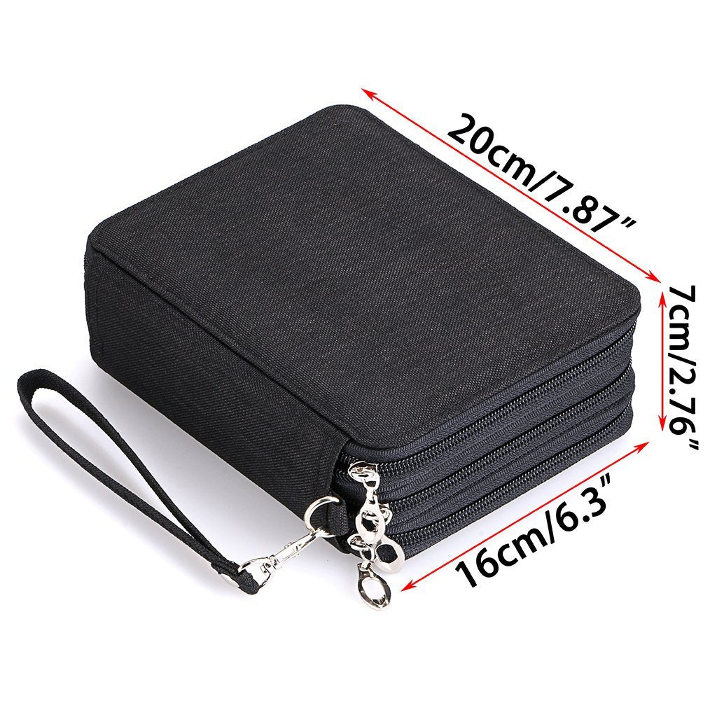 Black canvas zippered pencil case with dimensions indicated by red arrows and text overlays.