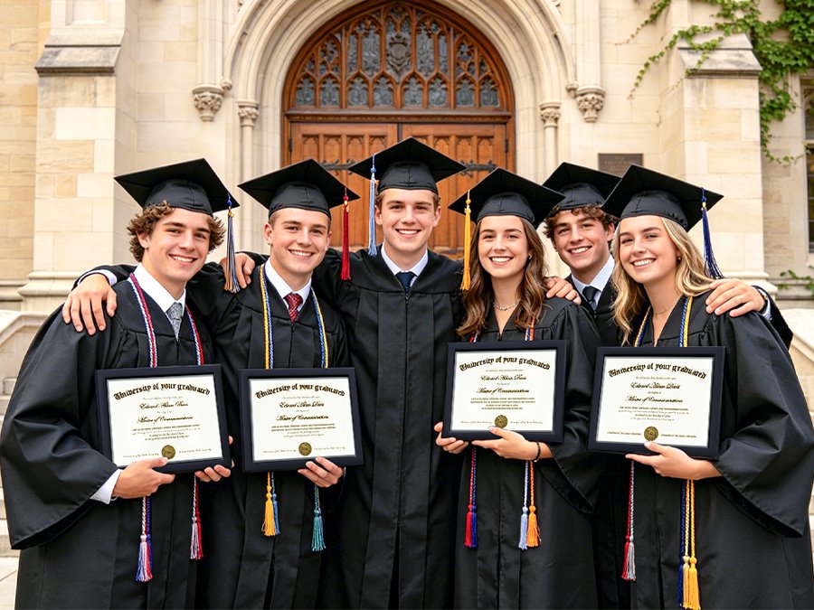 Six smiling graduates in caps and gowns hold their diplomas in black frames outside a building.