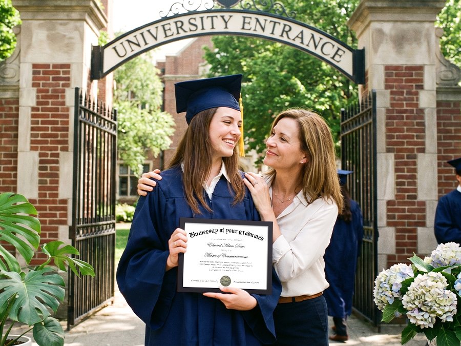 Graduating student in cap and gown holds diploma with mother smiling at university entrance