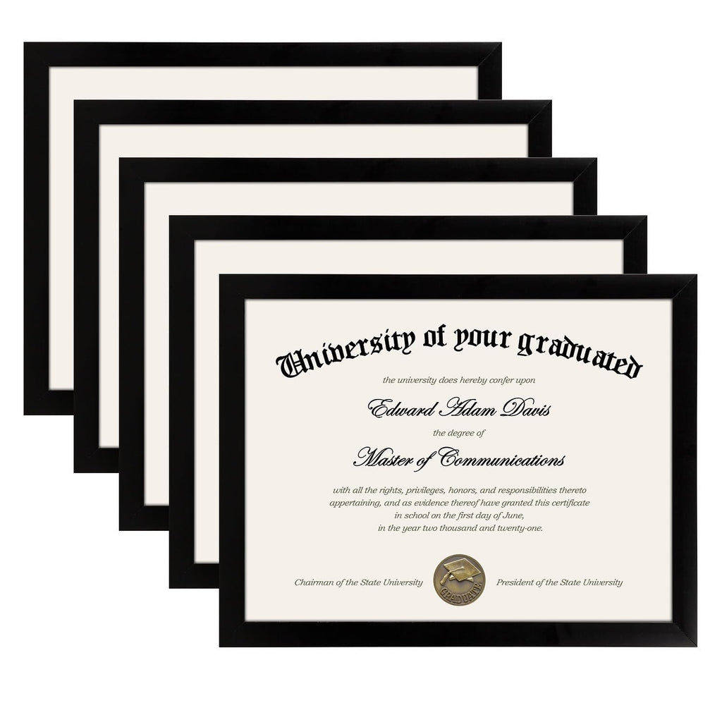 Five black certificate frames arranged in a stepped pattern, one frame displaying a diploma.