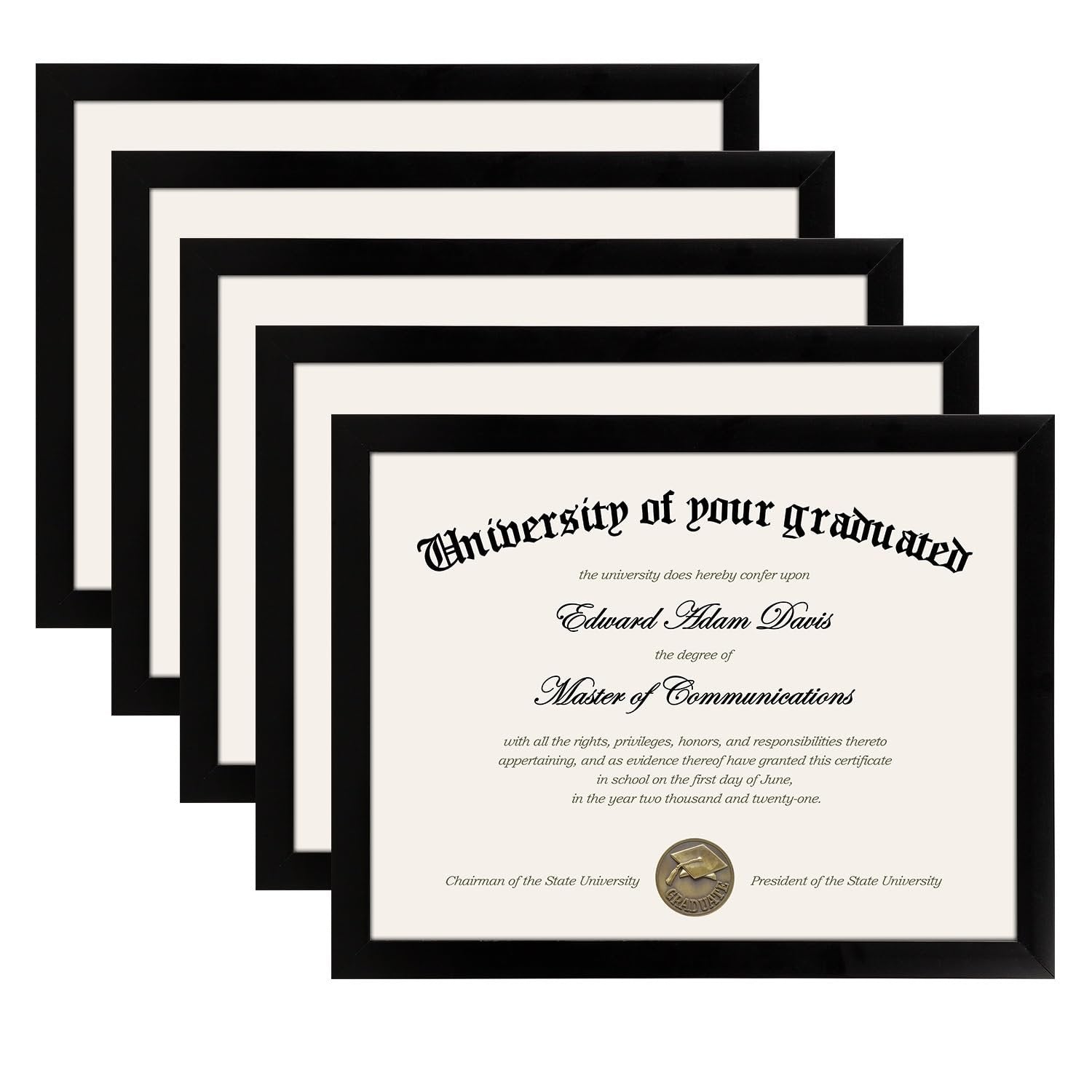 Five black certificate frames arranged in a stepped pattern, one frame displaying a diploma.
