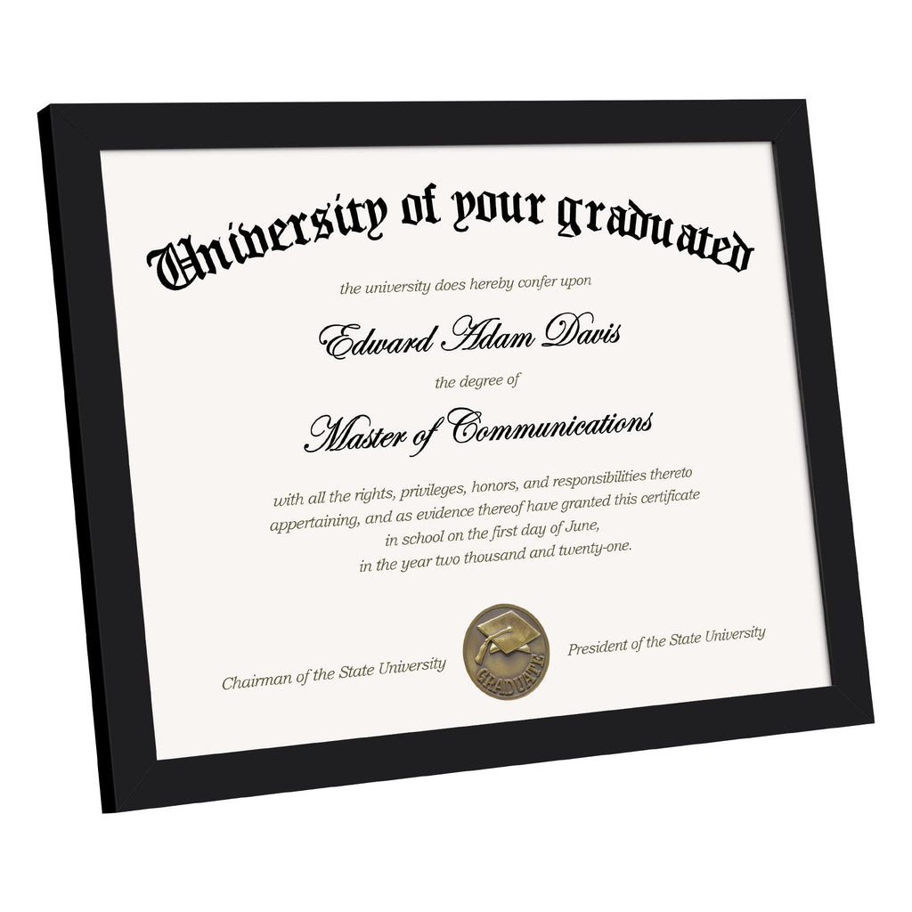 Black certificate frame displaying a diploma with text and a graduation cap emblem.