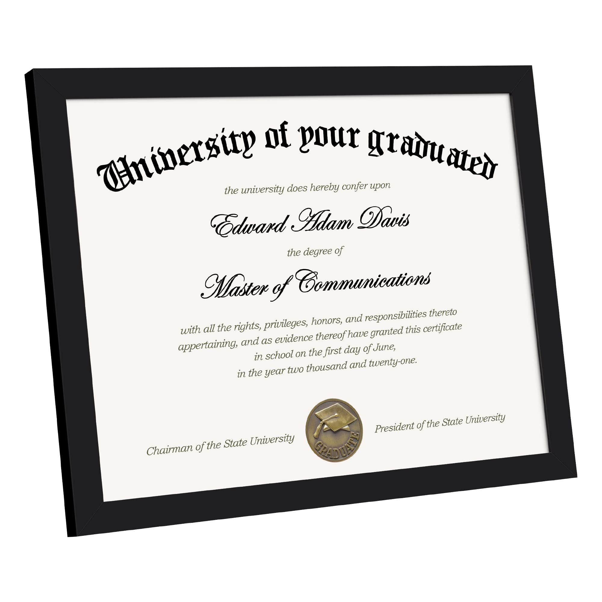 Black certificate frame displaying a diploma with text and a graduation cap emblem.