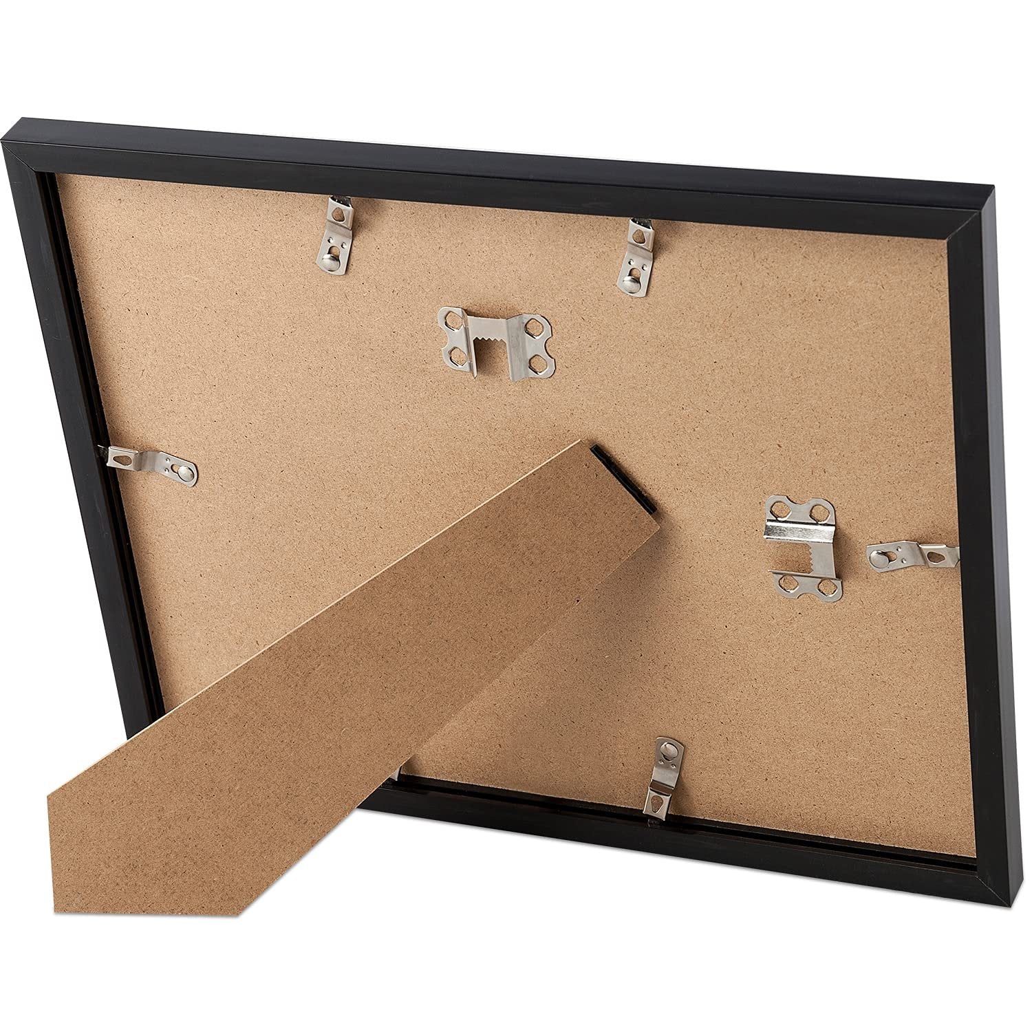 Back view of a black certificate frame showing easel stand and mounting hardware