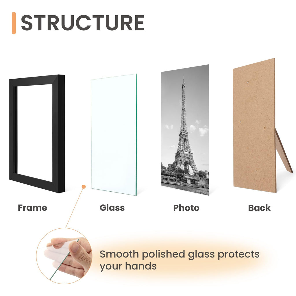 Diagram showing the four components of a black certificate frame: frame, glass, photo, and back panel, with a close-up of a hand touching smooth glass.