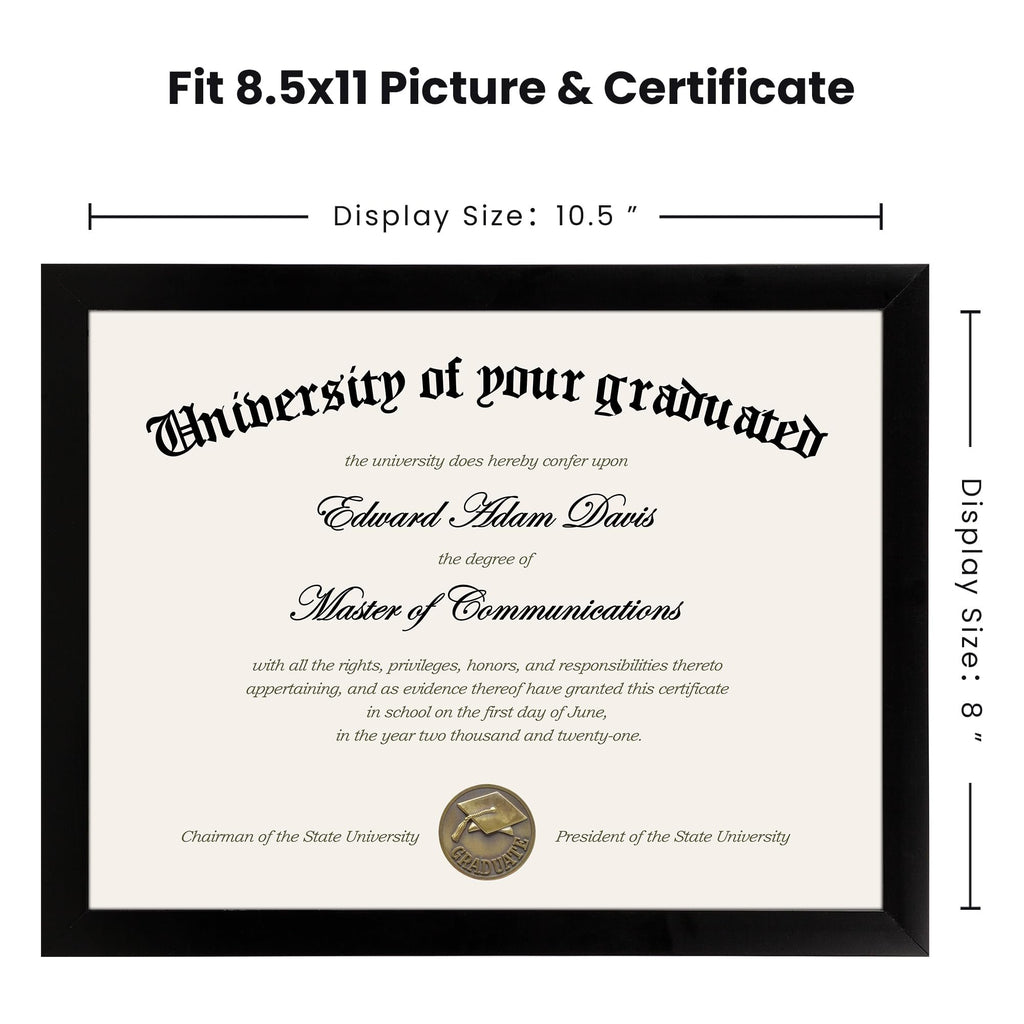 Black certificate frame displaying a diploma with text and a graduation cap seal. Includes size indicators.