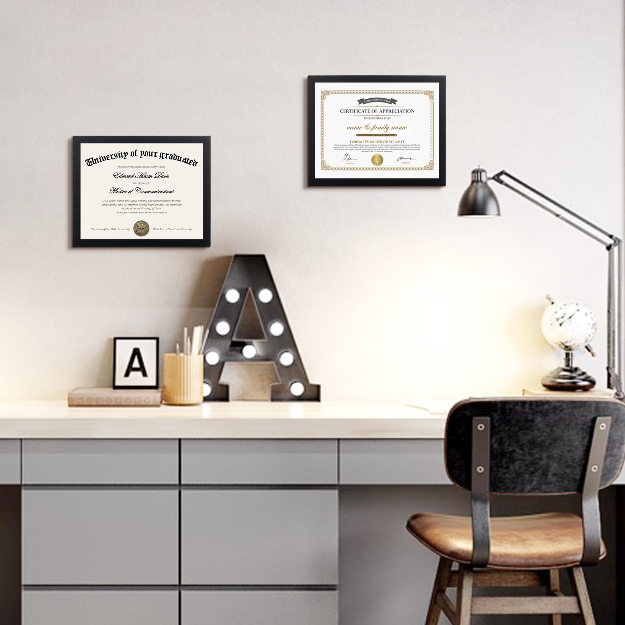 Two framed certificates displayed on a desk with a lamp and globe, one certificate reads 'University of your graduated' and the other 'Certificate of Appreciation'.