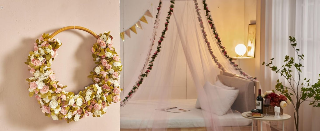 Artificial rose vine garland draped over a bed canopy and a floral wreath on a wall