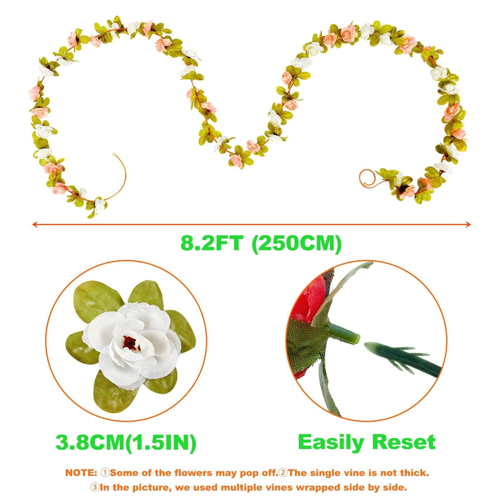 Champagne artificial rose vine garland with green leaves, showing length and flower detail