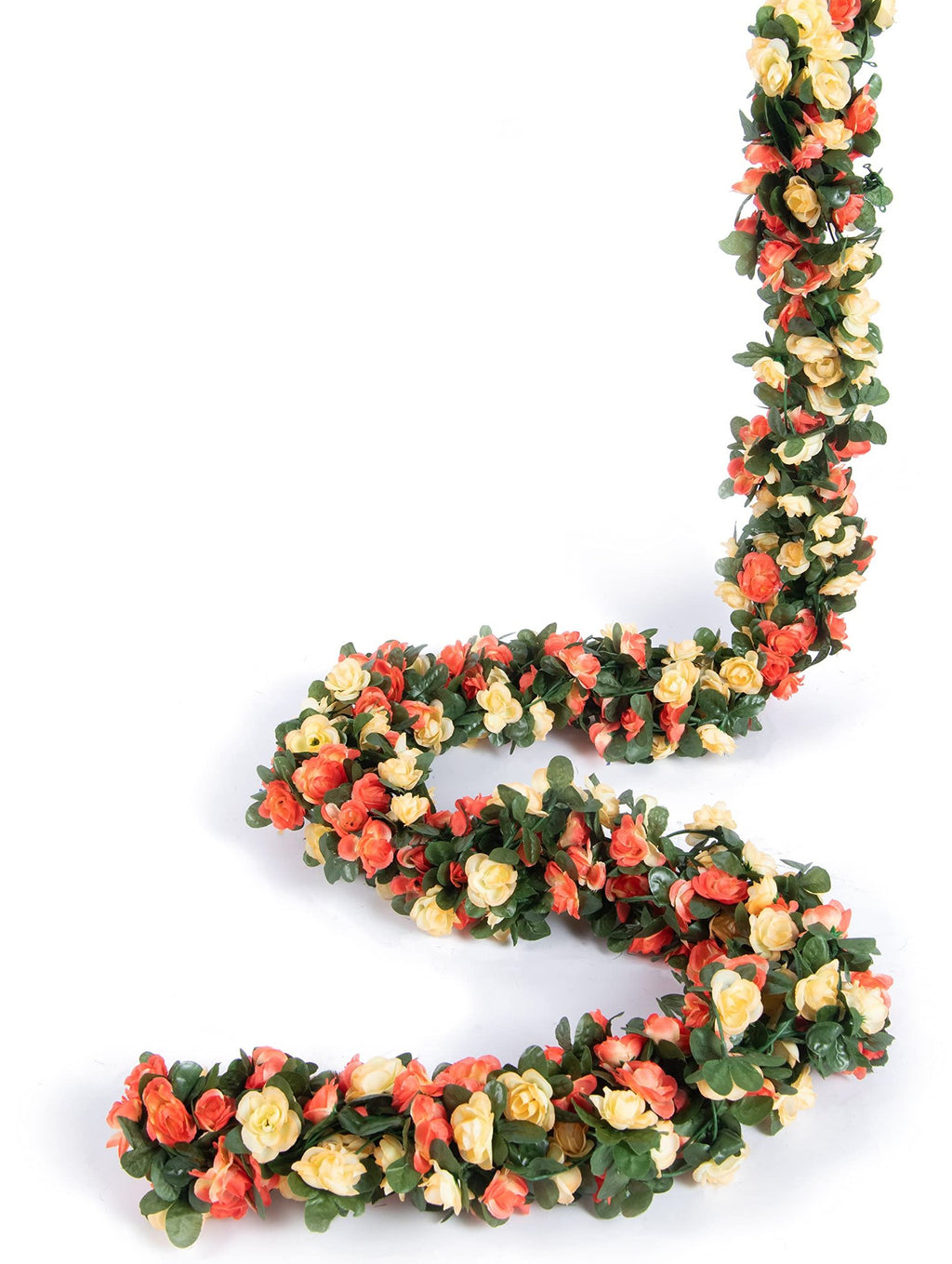 Champagne artificial rose vine garland with green leaves, shown draped on a white background.