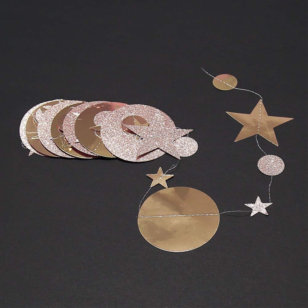 Champagne gold star and circle glitter garland set on black background, showing multiple strands.