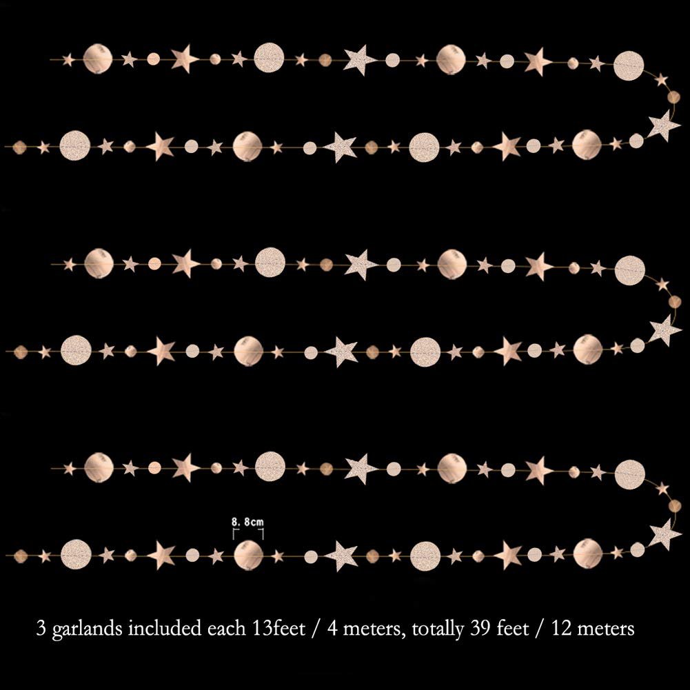 Champagne gold star and circle garlands displayed against a black background, showing three separate strands with a size indicator.