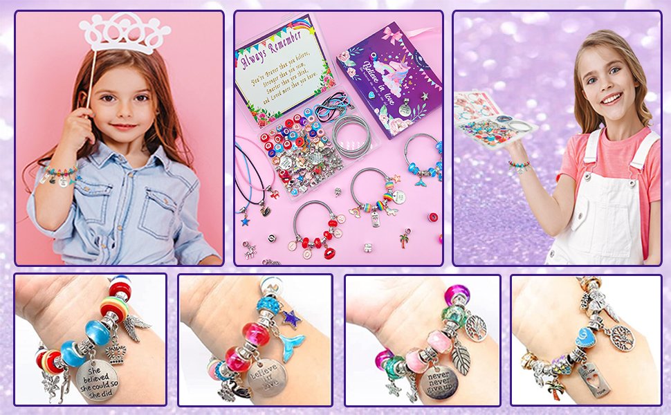 Collage of girls and charm bracelet making kit contents, including beads, charms, and bracelets.