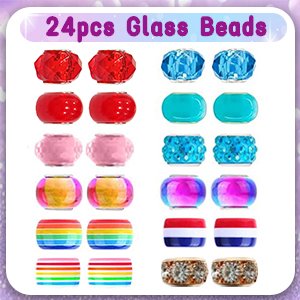 Assortment of 24 glass beads for jewelry making, including red, blue, pink, rainbow, and patterned beads.